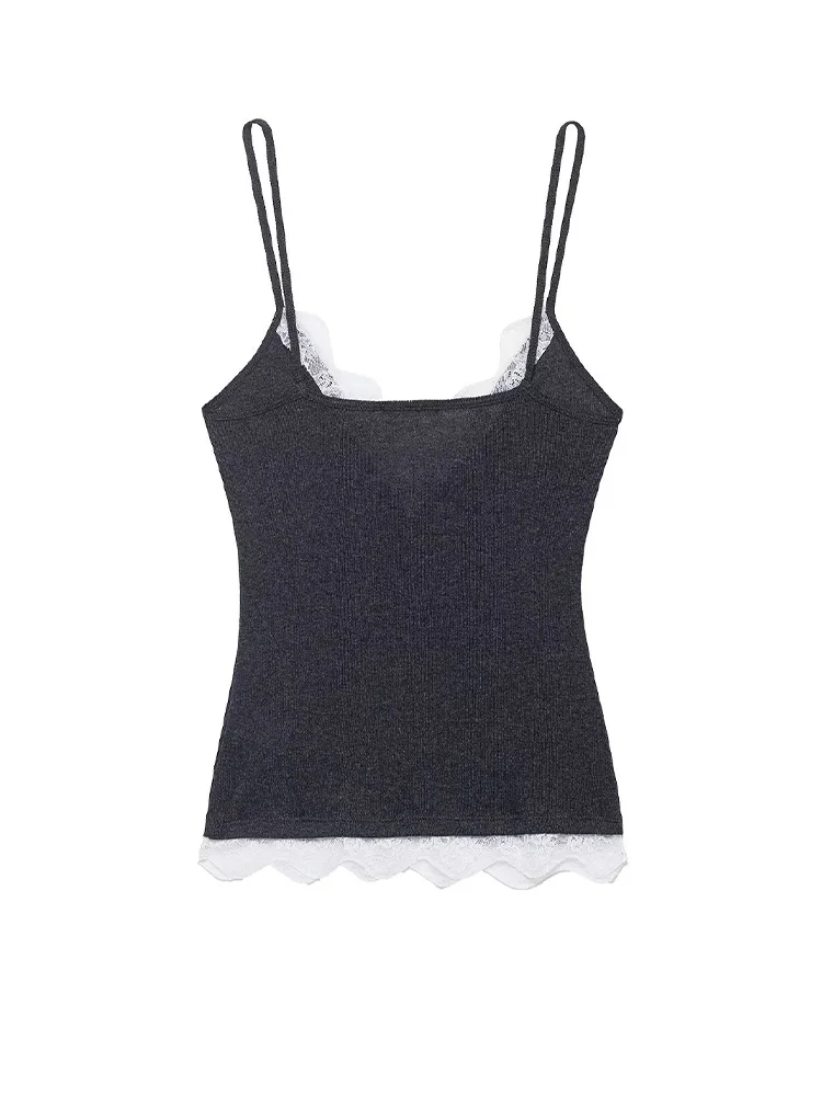 HH الصيف المرأة الجديدة أنيقة تنوعا حبال أكمام الخامس الرقبة محبوك أعلى الإناث مثير عارية الذراعين الدانتيل الديكور الصلبة البنطال القصير #3