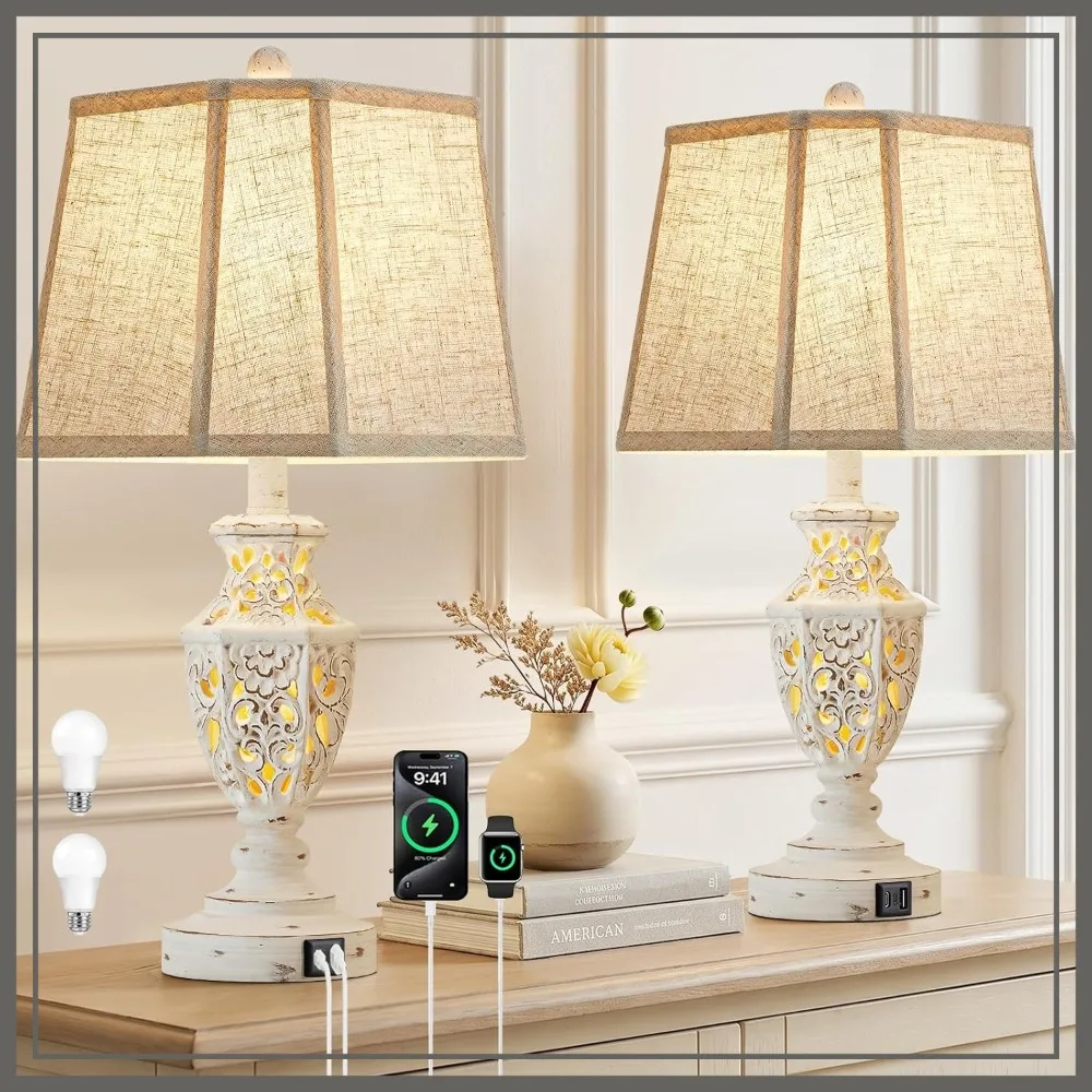 

Set of 2 Nightstand Lamps 23.5" with USB A+C Charging, LED Bulbs Included, Boho Farmhouse Bedside Table Lamps