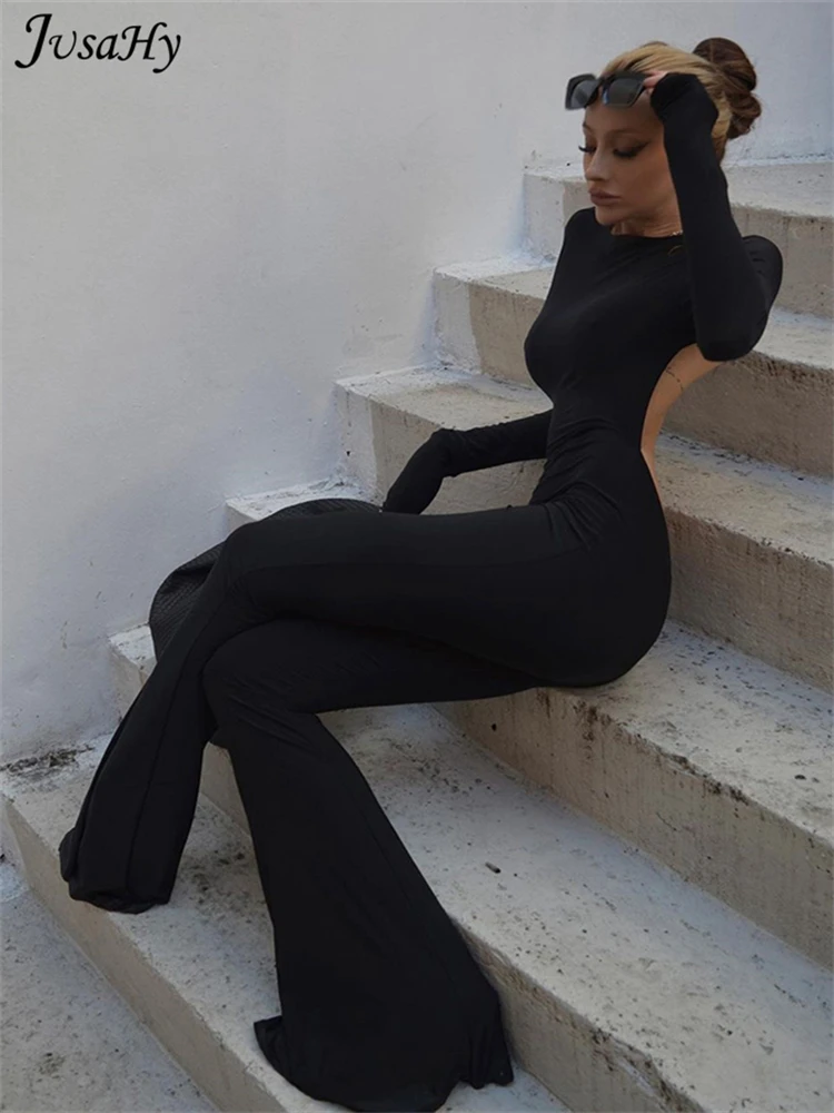 JuSaHy Summer Y2K Solid Black Basic Bodysuit for Women Fashion Long Sleeves Halter Backless Flare Pants Simple Casual Streetwear