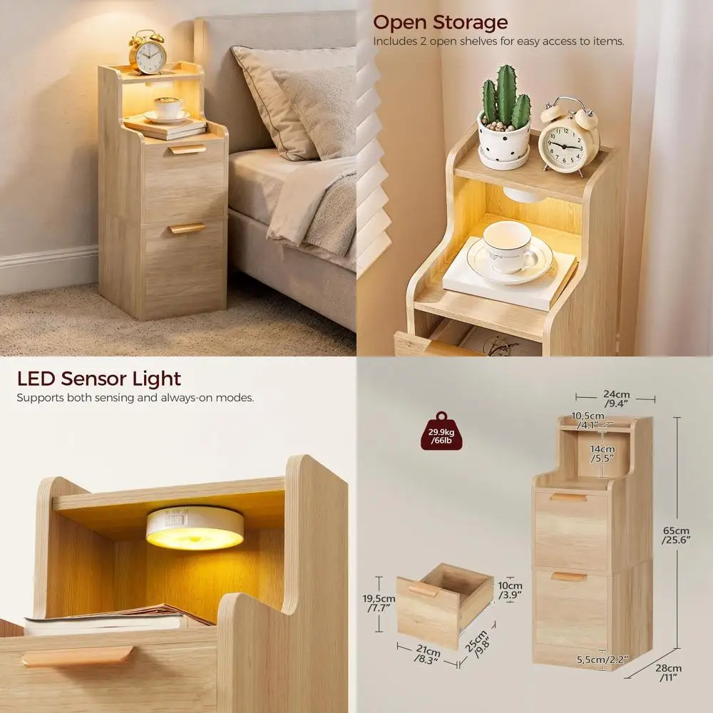 

Slim LED-lit Nightstand, Compact Side Table with Drawers, Open Shelf for Small Spaces, Bedroom-Friendly Storage
