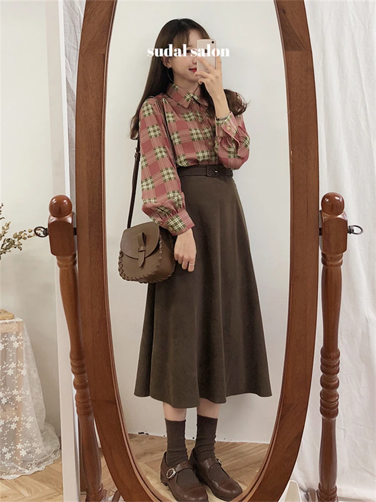 new A Line solid Women Skirts Pleated MI-long New Knee Length Skirt Female Vintage Suede Skirts Jupe Femme Faldas Mujer