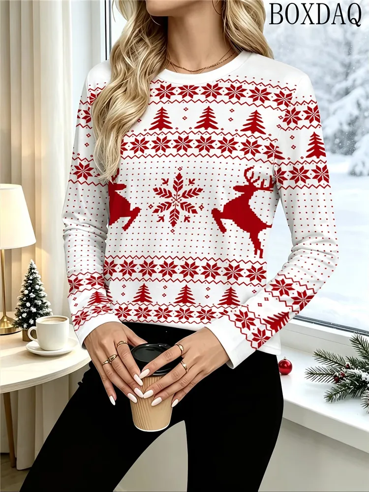 Christmas Style Women's T-Shirt Snowflake 3D Print Pullover Round Neck Long-Sleeved T-Shirts New Casual Loose Autumn Women's Top