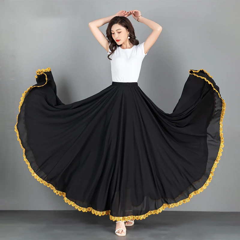 Damen-Tanzrock, 720-Grad-Design, einfarbig, für spanische Flamenco-Tänze, mit großem Schwung, hoher Taille, langer Rock, Kostüm für mexikanische Tänzerinnen. – Detail 2