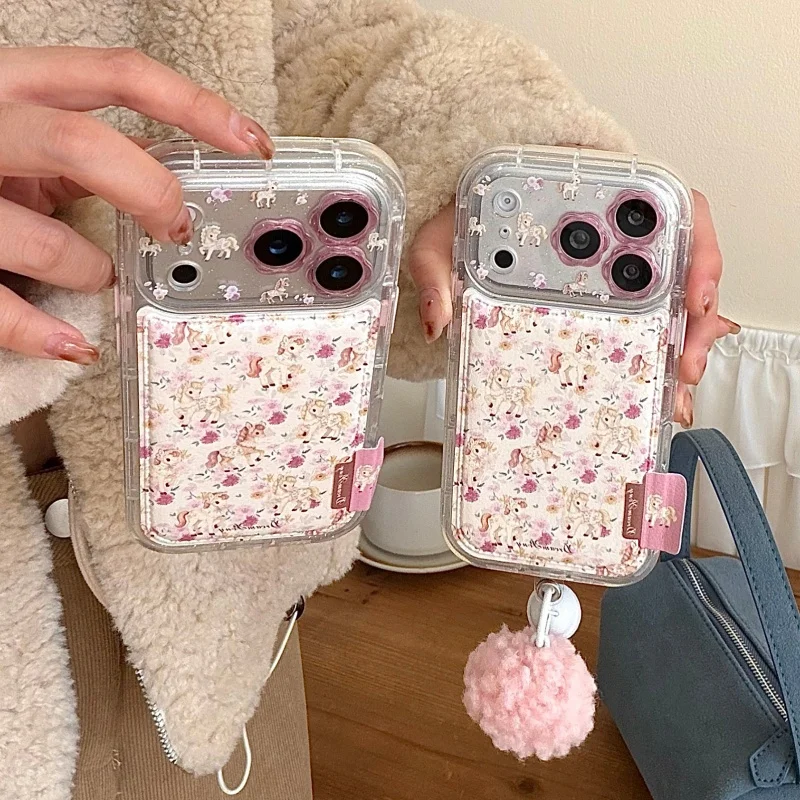 

Korean Cute Pink Flower Pony Painting Phone Case For iPhone 17 Pro 16 15 14 Pro Max Cover with Pendant Leather Shockproof Cases
