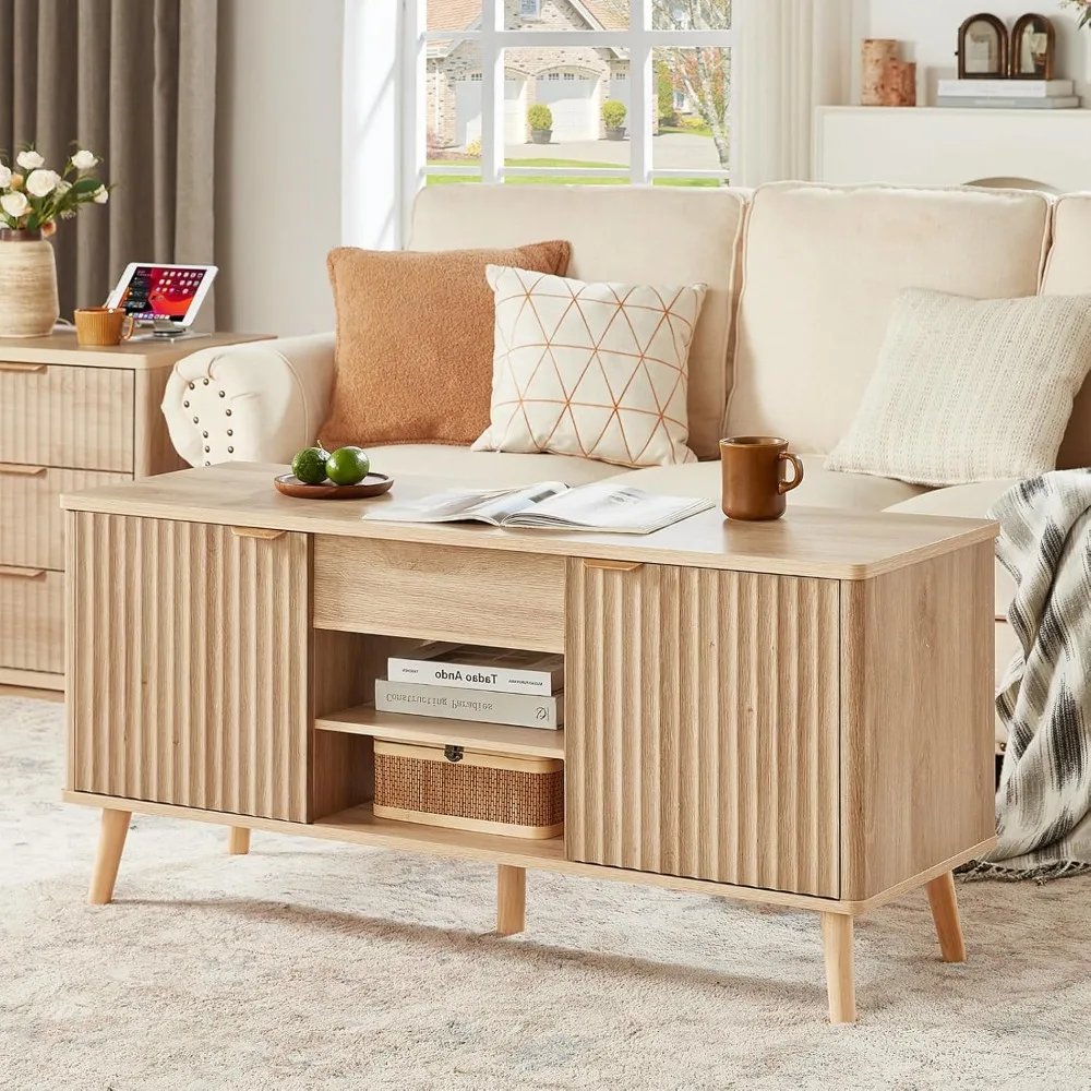 48" Fluted Lift Top Coffee Table with Hidden Storage & Adjustable Shelves, Lifting Tabletop Large Rectangular Coffee Ta