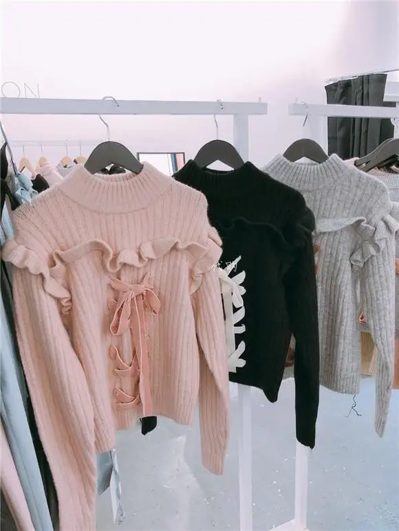 

Autumn Winter New Sle Satin Ribbon Long Sve Overhead Knot Sweater Top High Collar Regular Thin Warmth Fem...