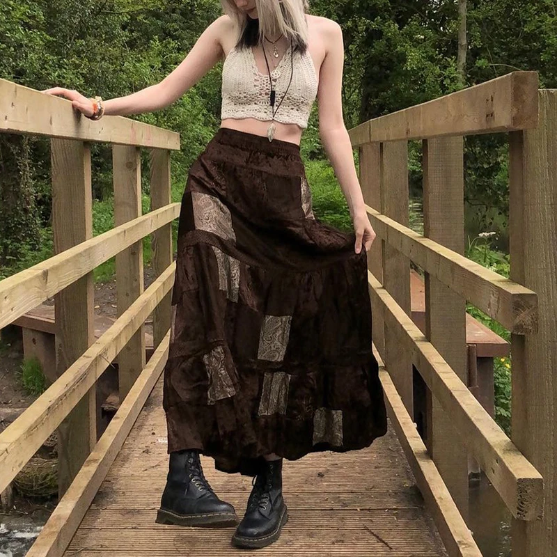 Women Ladies Long Summer Skirt Printed Boho Style Grunge Fairycore Retro Skirt Kawaii Holiday Brown Pleated Elegant Skirts