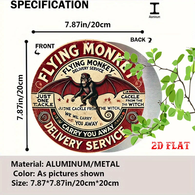 2D Flat, 1pc Vintage Wizard of Oz Inspired Flying Monkey Delivery Service Metal Wall Decor - 7.8'' Round Rustic Red & Black Retr