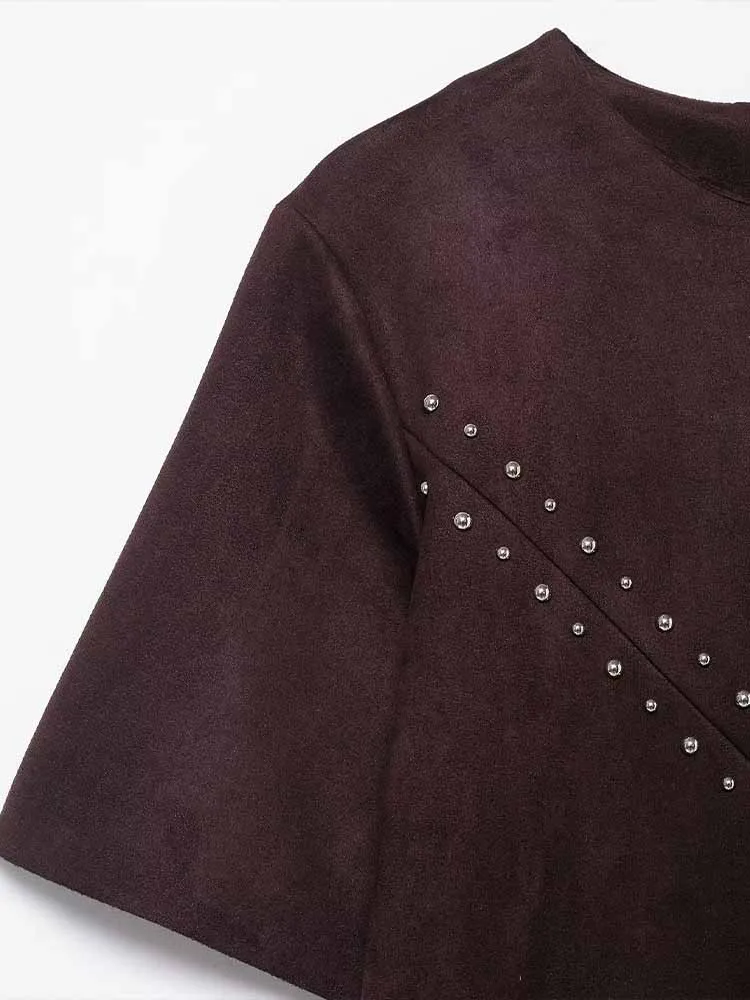 النمط الأوروبي والأمريكي الخريف الوافدين الجدد فستان نسائي بسيط عصري وعصري مع نسيج الصوف وتفاصيل برشام #3