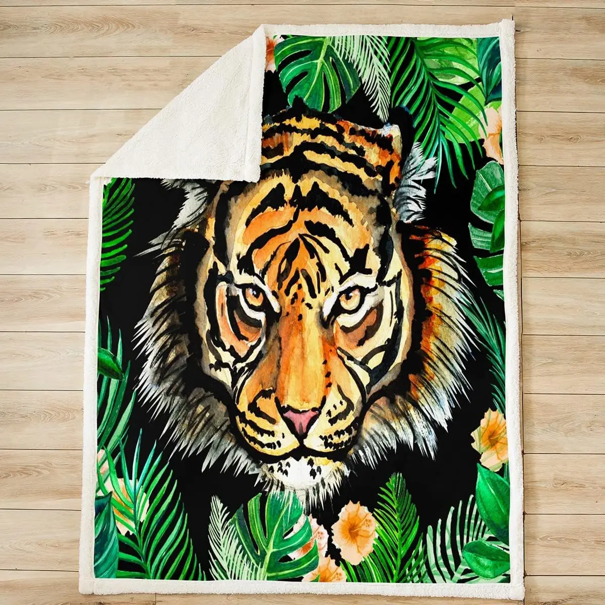 Tiger Kids Throw Blanket,Palm Leaves Tropical Plants Bed Blanket for Boys Girls Adults,Abstract Animals Fur Rustic