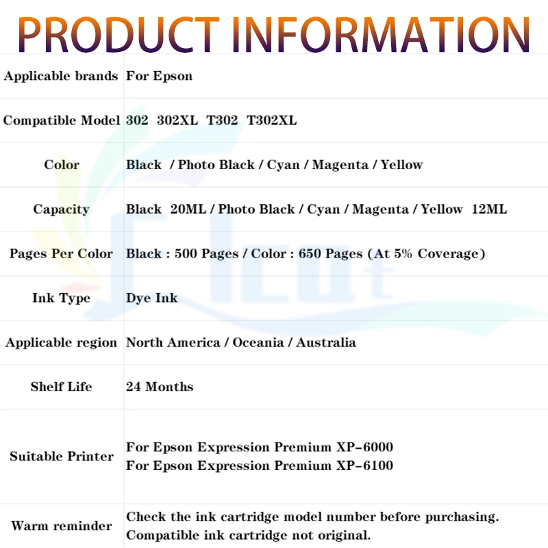 302XL 302 Ink Cartridge Replacement For Epson 302 302XL T302XL Compatible For Epson Expression Premium XP-6000 XP-6100 Printer