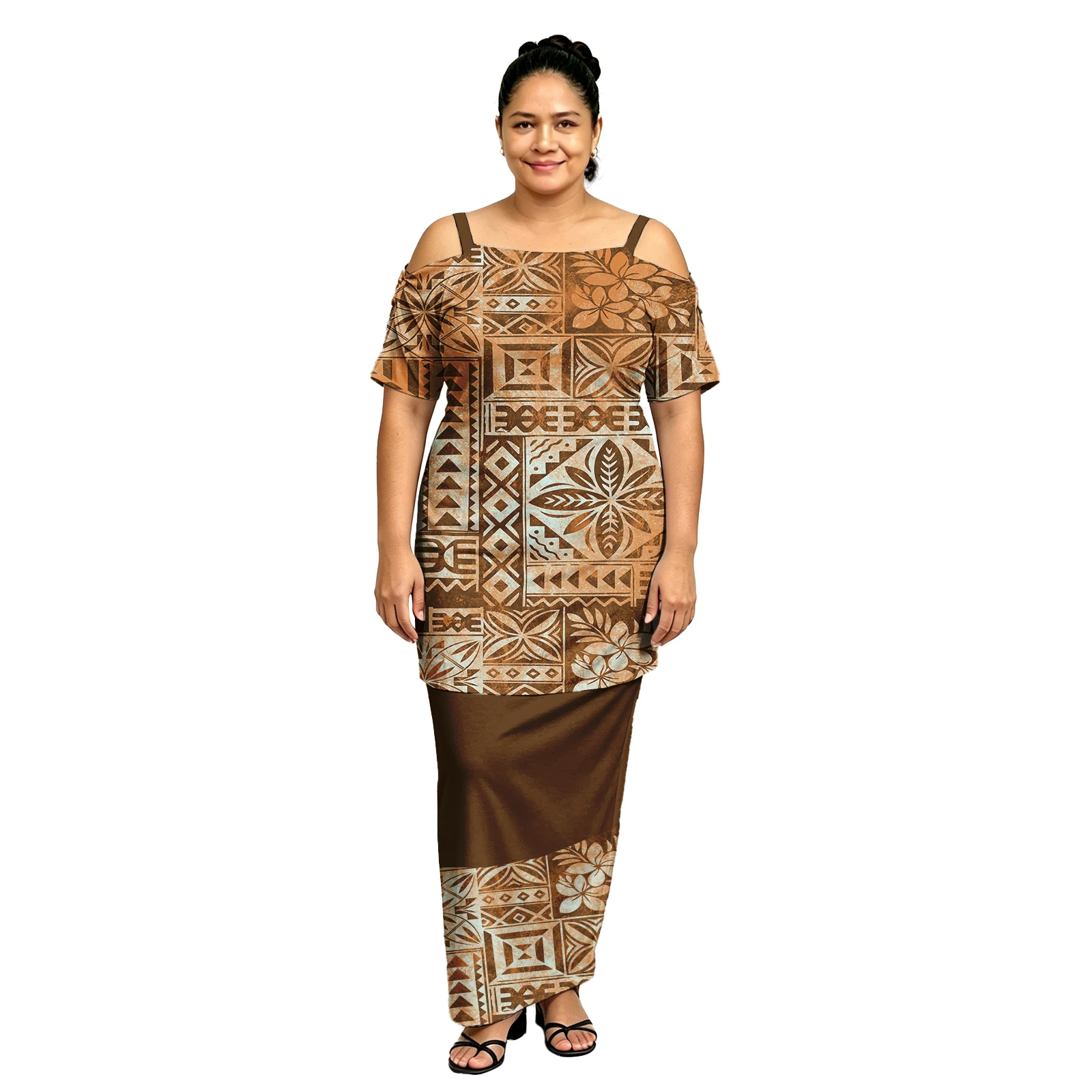 Plus Size Women Island Dresses Pacific Custom Tropical Pattern Puletasi Samoan Polynesian Cold Shoulder Ladies 2pc Set Puletasi