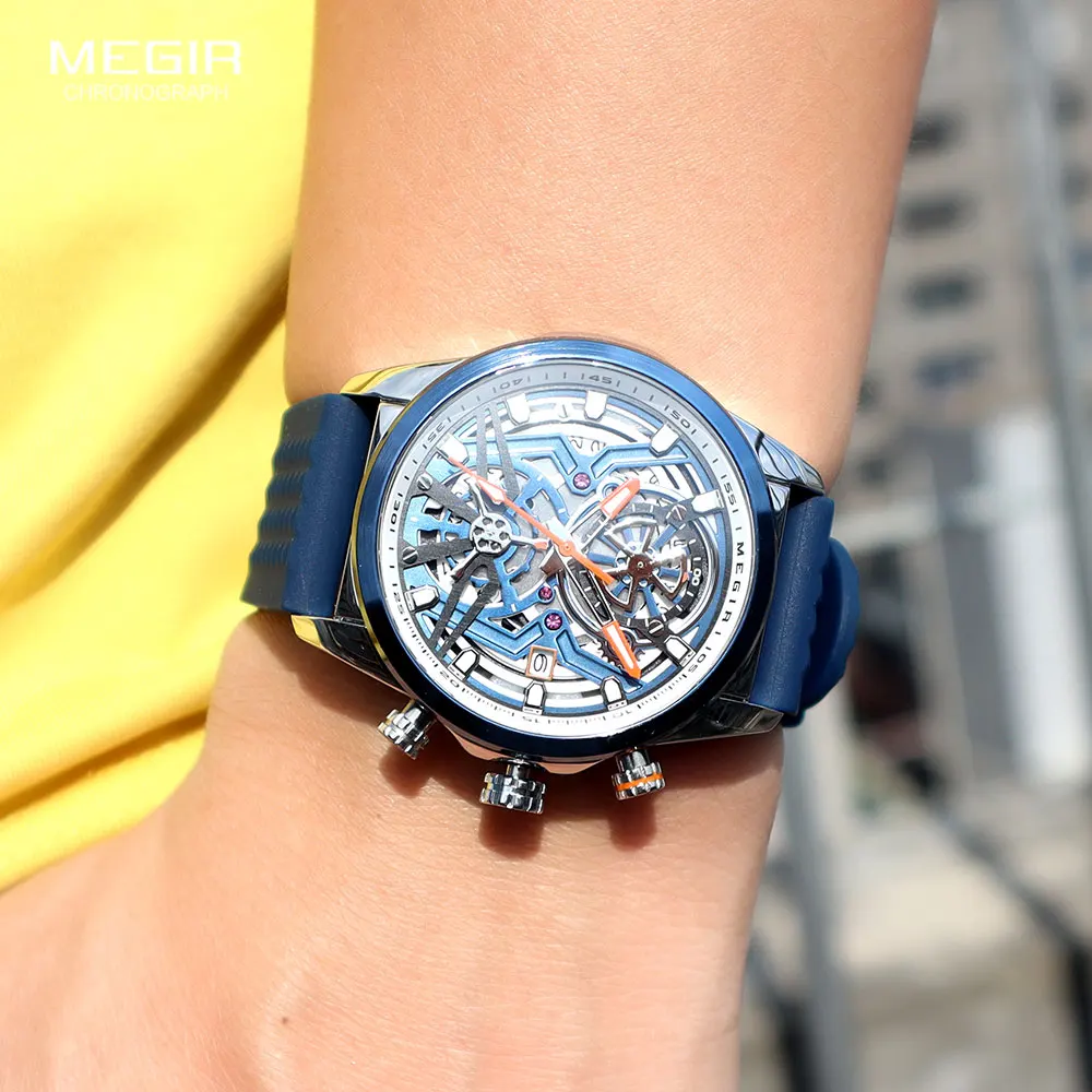 MEGIR Sport Chronograph Watch for Men Navy Blue Silicone Strap Waterproof Quartz Wristwatch with Auto Date Luminous Hands 2235