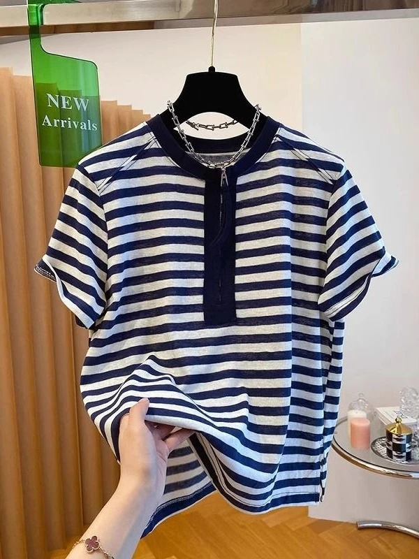 

Korean Style Zipper Half Collar Short Sleeve T-Shirt Women Summer Sweet Anti Aging Stripe Top Commute Straight Cut Regular Sl...