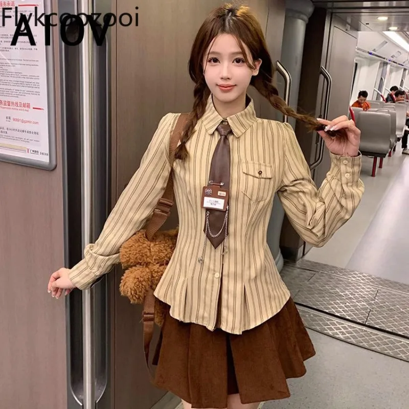 

Striped Polo Neck Long Sleeve Shirt Women Waisted Folds Slimming Tie Shirt Autumn Academy Girls Retro Jk Uniform Top Suit