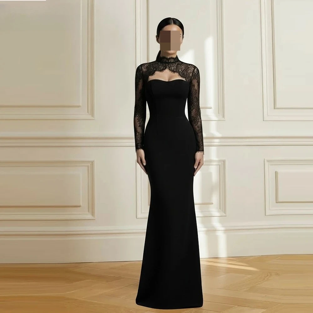 Thinyfull Mermaid Arab Black Prom Dresses Satin/Lace Long Sleeves Evening Party Gown Formal Dress robes de soirée Customized