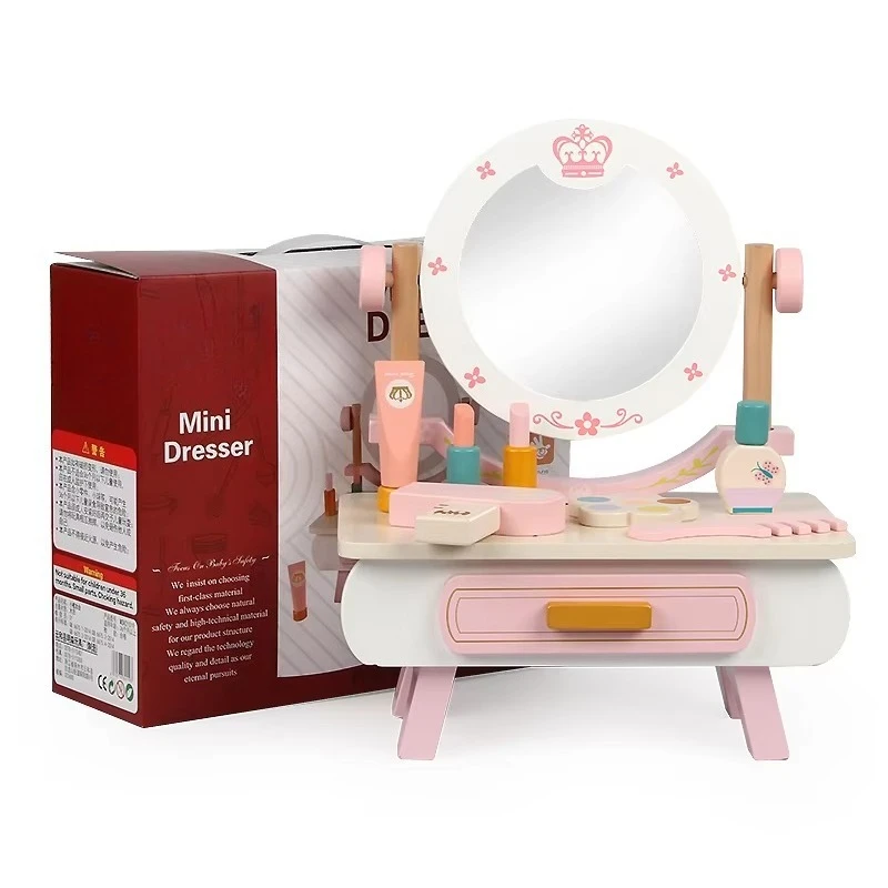 Wooden Dressing Table Pretend Play Set with Mirror Fashion Pretend Play Toy for Preschool Girls Early Educational Role Play