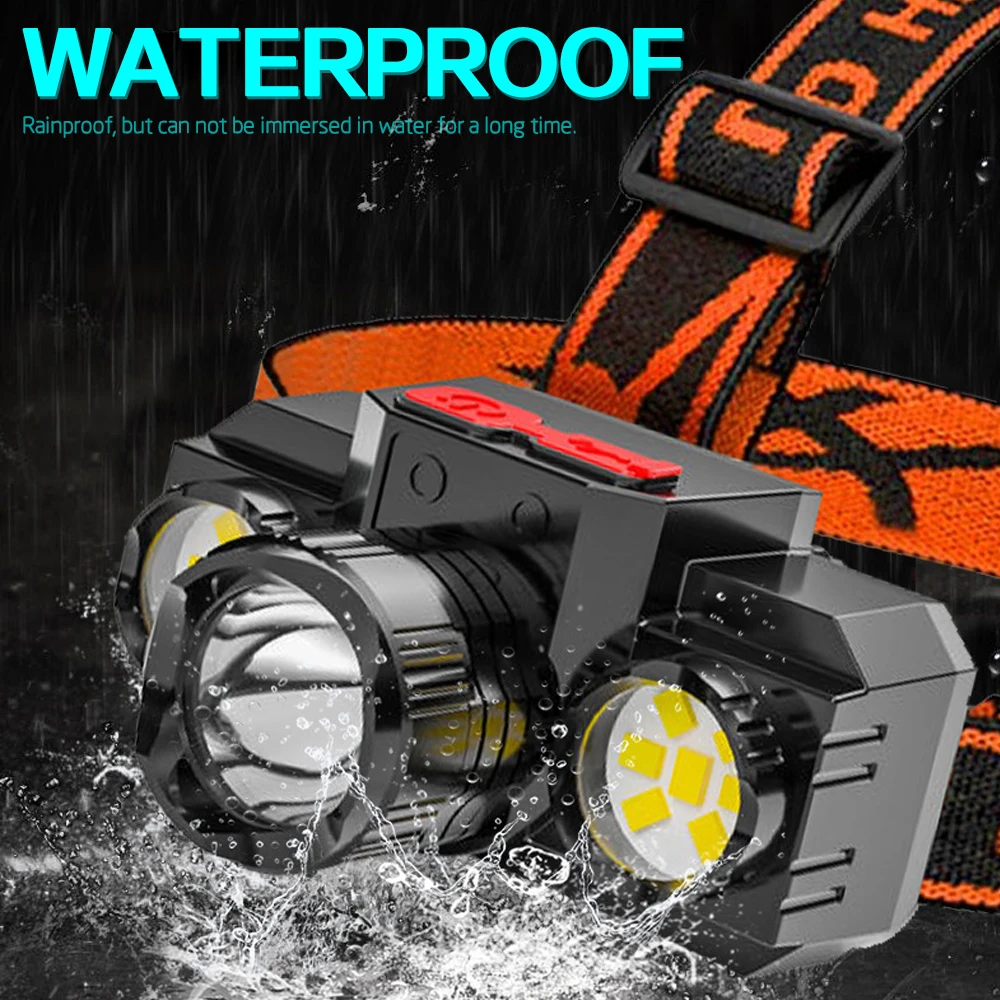 Powerful LED Headlight USB Rechargeable Headlight OSL LED + Side Lights 4 Modes Waterproof Headlight with Built-in Battery