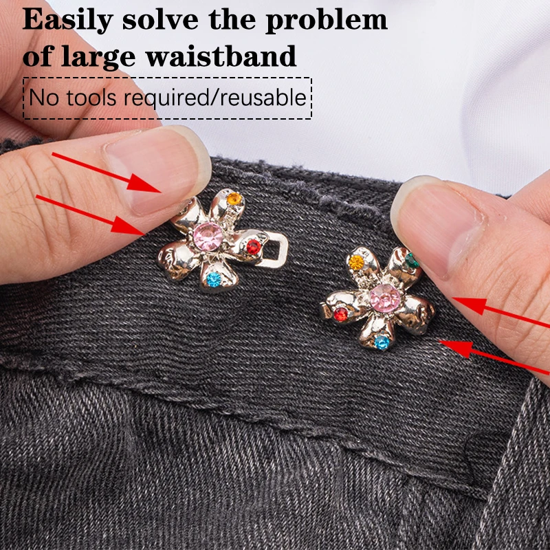 1Pair Exquisite Rhinestone Flower Waist Buckle Adjuster Pants Skirts Waist Tightener Adjustable No Sewing Required Waist Buckle