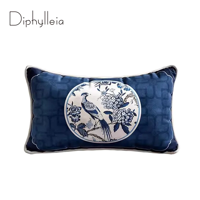 

Diphylleia Orientalism Style Lumbar Pillow Cover Floral Bird Porcelain Indigo Velvet Luxe Cushion Case For Villa Hotel Farmhouse