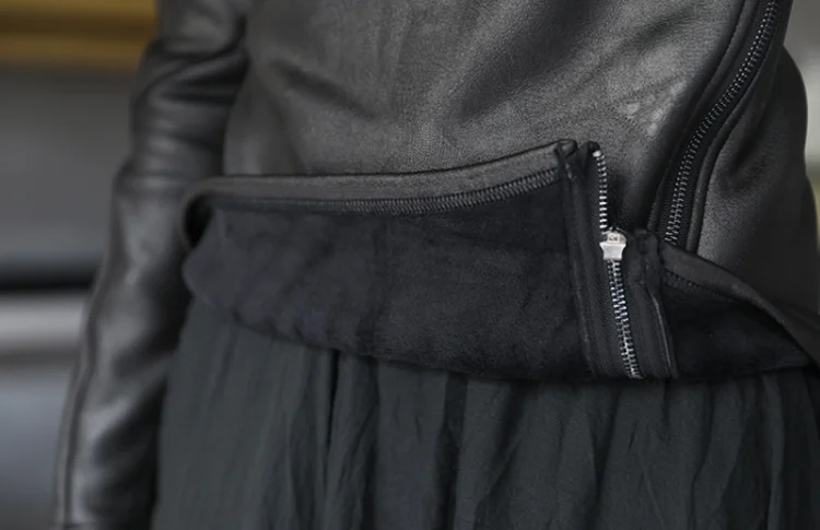 Dark Style Irregular Stand Collar Diagonal Zipper Faux Leather Sweatshirt Female Cool Black Gothic Jacket Fleece Lining Pullover
