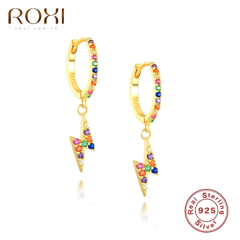 ROXI Ins Colorful Stones Lightning Hoop Earrings for Women Jewelry Wedding Earrings Cartilage 925 Sterling Silver Pendientes