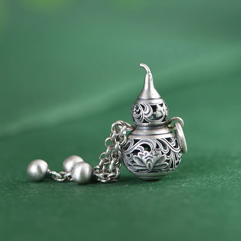 BOCAI New 999 Silver Pendant Retro Hollow out Lotus Gourd Pendant Birthday Gift
