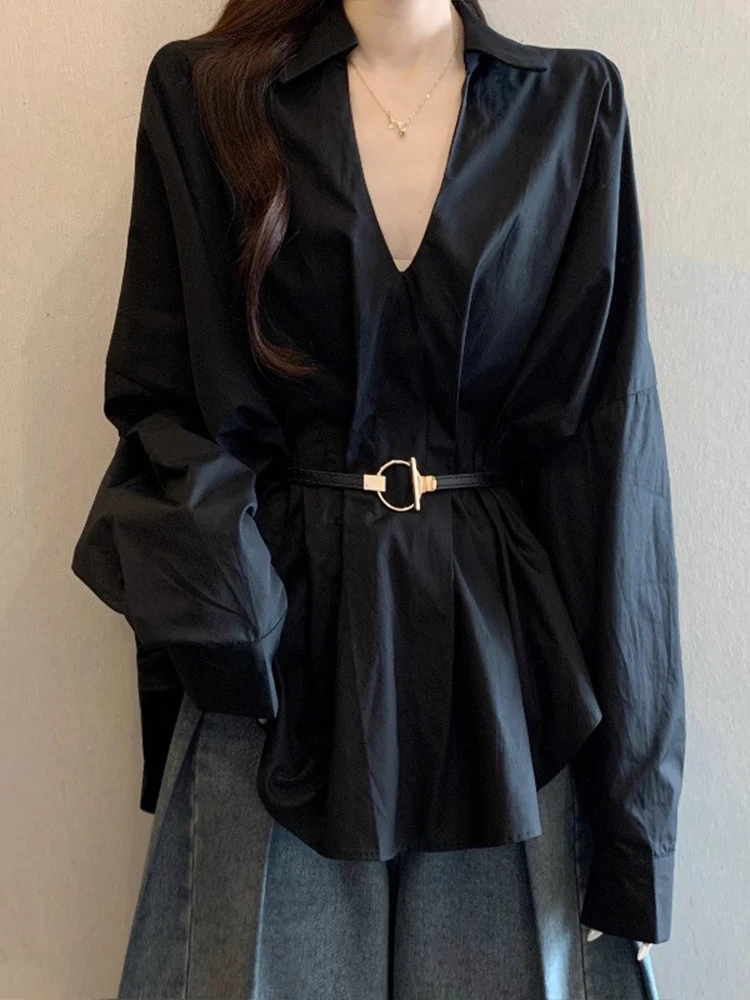 

Elegant Black V-Neck Long Sleeve Shirt Women's plus Size Fitted Waist Belt Korean Style Loose Fit Commute Fashion Spring 2026