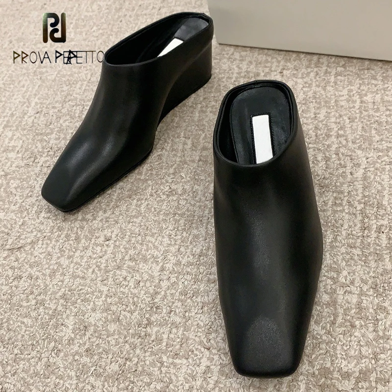 

Squared Toe Half Slippers for Women Black White Real Leather Wedge High Heel Elegant Stylish Mullers Comfortable Dress Shoe