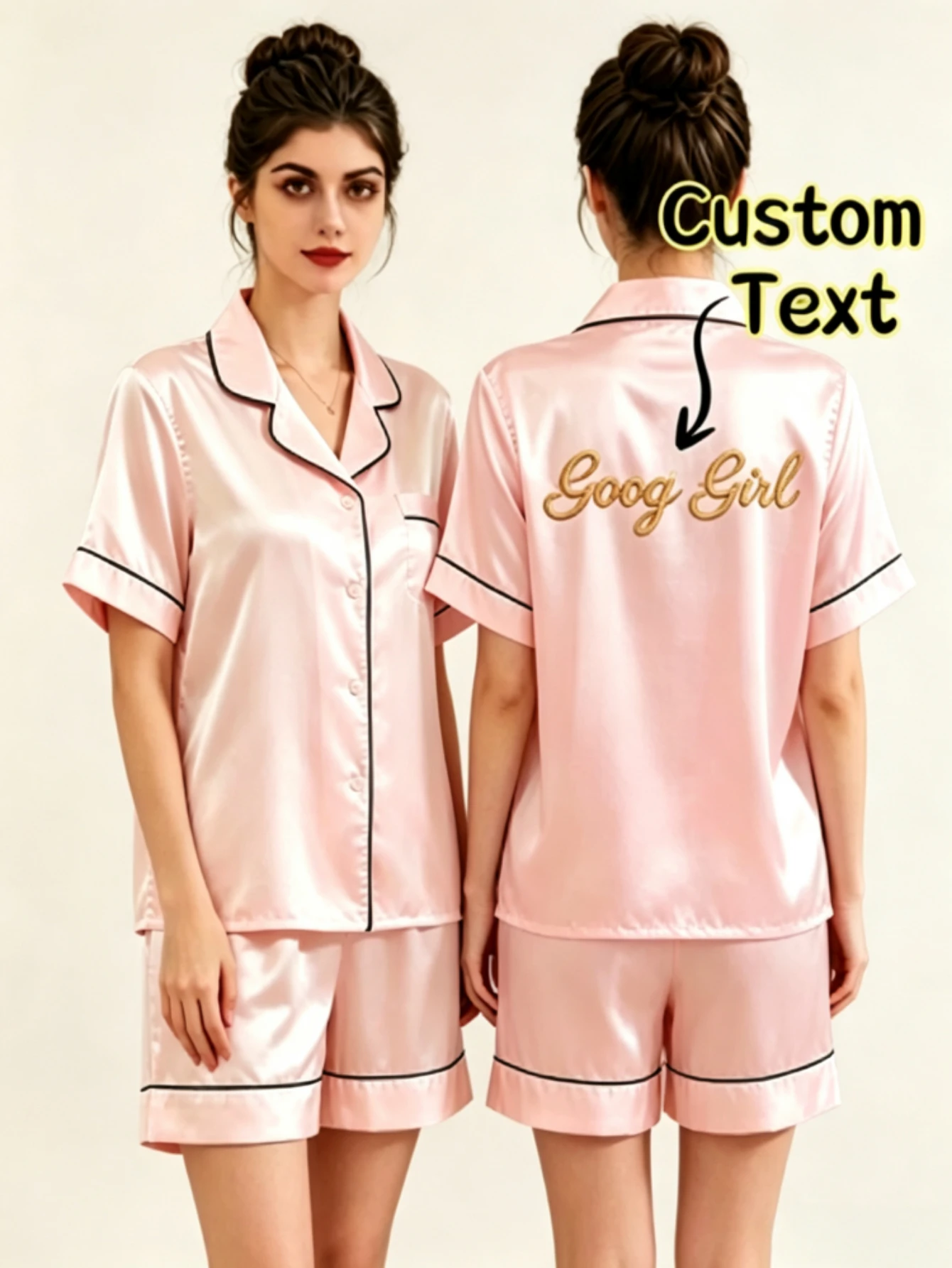Custom Embroidered Name Satin 2 Piece Pajama Set Personalized Name Short Sleeve Top & Shorts Pajama Set Bridal Party Favor Gift