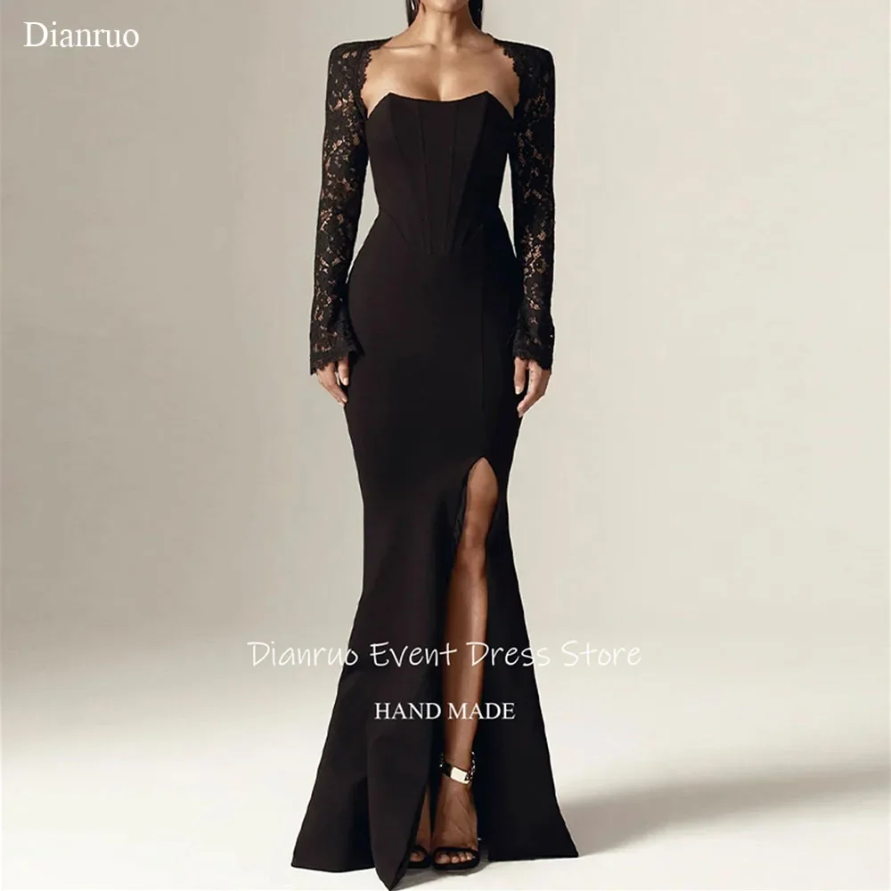 Dianruo Черные вечерние платья русалки Прозрачные кружевные аппликации с рукавами Бальные платья Скромные платья знаменитостей с высоким разрезом по индивидуальному заказу
