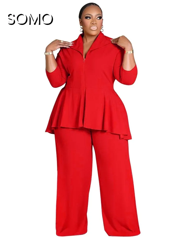 Somo plus size feminino 2 peça conjunto com zíper lapela gola calças de perna larga manga longa 2024 cor sólida lazer terno senhora do escritório magro