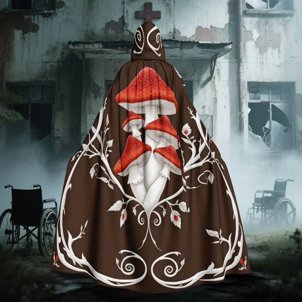 

1pc Elegant Gothic Mushroom Cape Costume - Lightweight Stretchy Hooded Wrap with Brown White Mushroom Leaf Print