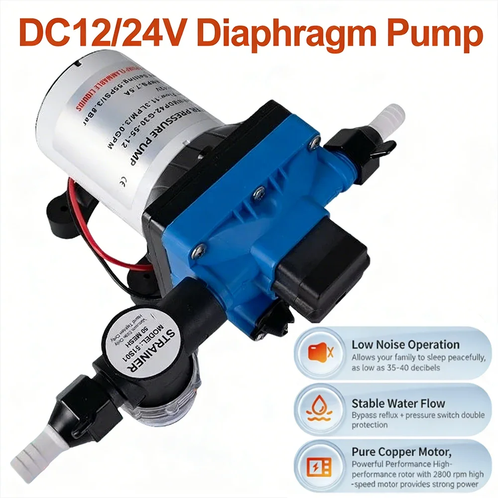12V/24V DC Horizontal High Pressure Diaphragm Water Pump, Self-Priming Mini Booster Pump For RV & Marine Boat