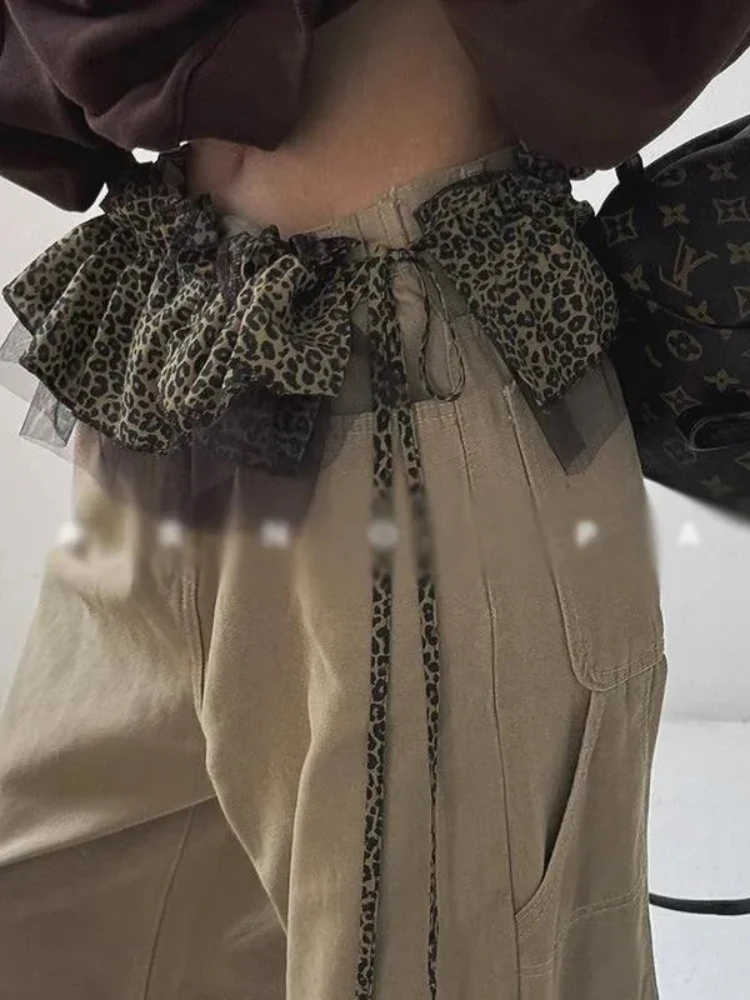 

Леопардовая сетчатая юбка на шнуровке, женская юбка в корейском стиле с оборками, универсальные пояса, новинка 2025, готическая модная уличная одежда Y2k, Faldas Ins