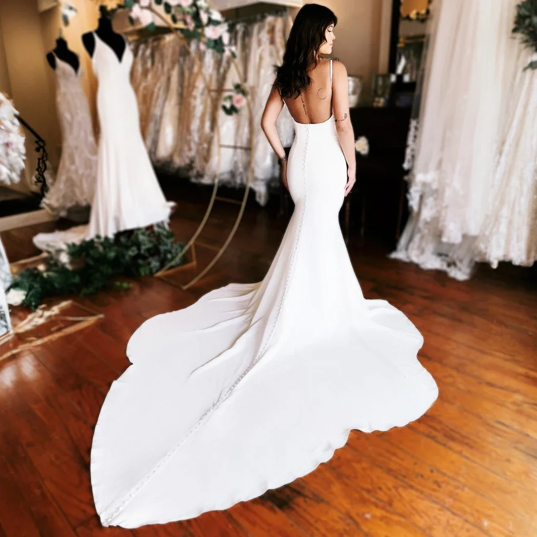 Vestido De novia De sirena De satén con tirantes finos personalizado para novia vestido De novia De manga larga sin espalda