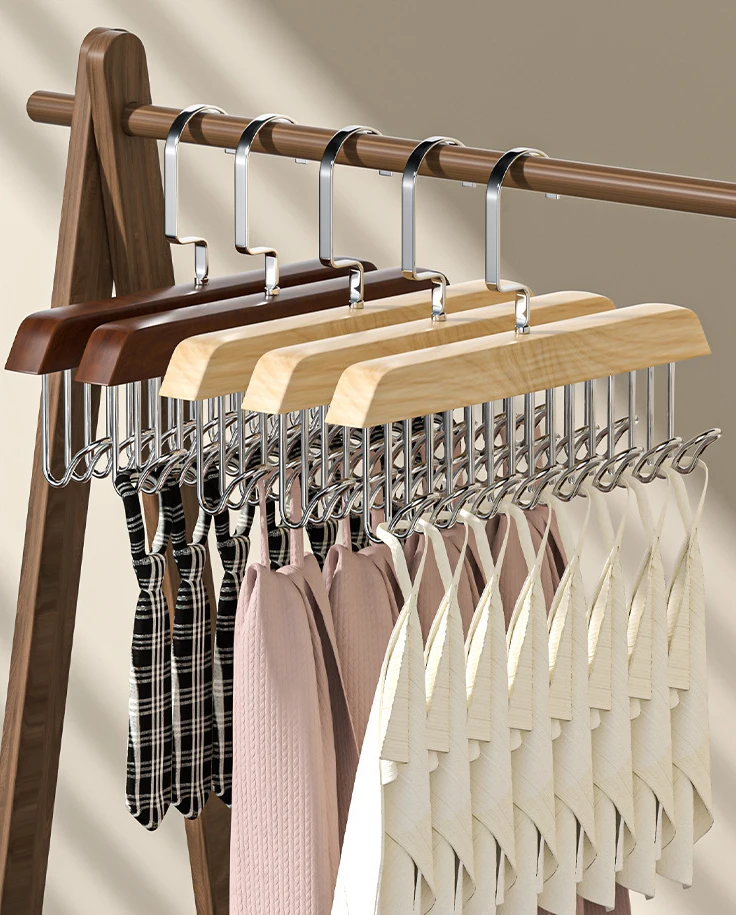 Multifunctional Solid Wood Hanger Tie Vest Belt Hat Clothing Hangers Pants Hanger with 8 Hooks Closet Organizer Clothes Rack