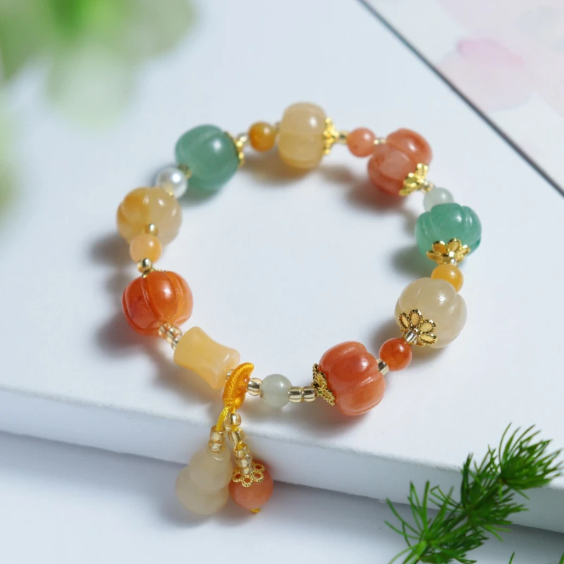 natural Xinjiang gold silk jade pumpkin bead bracelet, colorful jade multi-treasure gourd bracelet, transshipment bamboo women