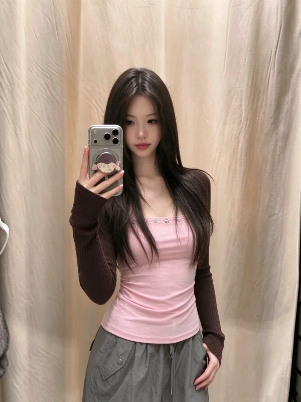 Korean Style Color Block Long Sleeve T-Shirt Women's Slim Fit Collarless Top Underwear Two Piece Set Casual Breathable Autumn...