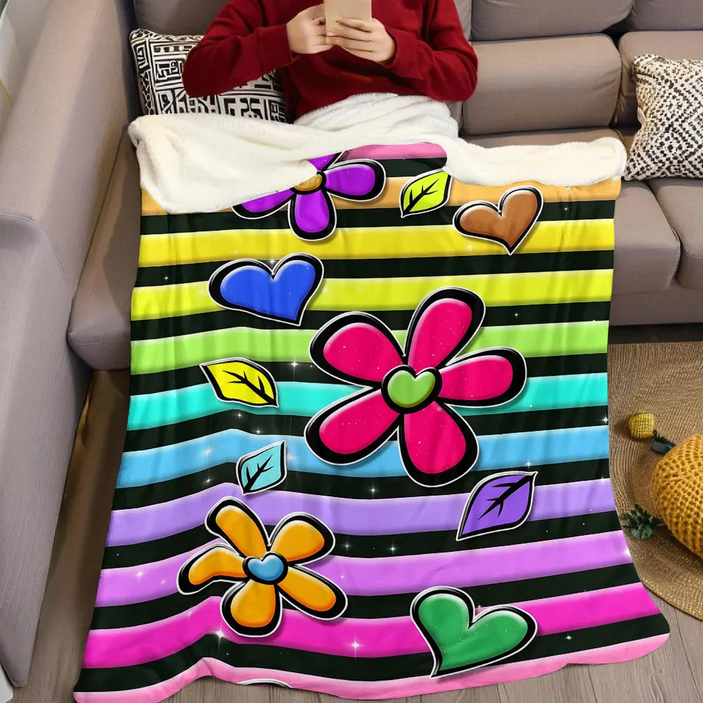 Rainbow Sticker Floral Flannel Blanket Warm Soft Halloween Christmas Decorative Couch Warm Cozy All-Season Gift