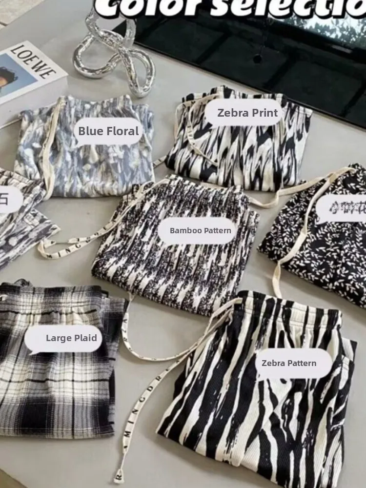 التعادل صبغ سليم بنطال ذو قصة أرجل واسعة المرأة الصيف رقيقة الحرير الجليد ثنى فضفاض عادية مستقيم الساق بنطلون العصرية عالية الخصر تسعة قطع