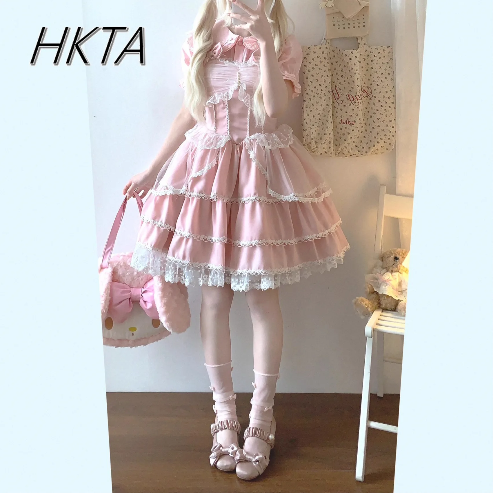 

Flower Lace Stitching High Waist Lace Polka Dot Black Suspender Dress Women Summer Mesh Bow Cascade Cake Lolita Dresses Girl