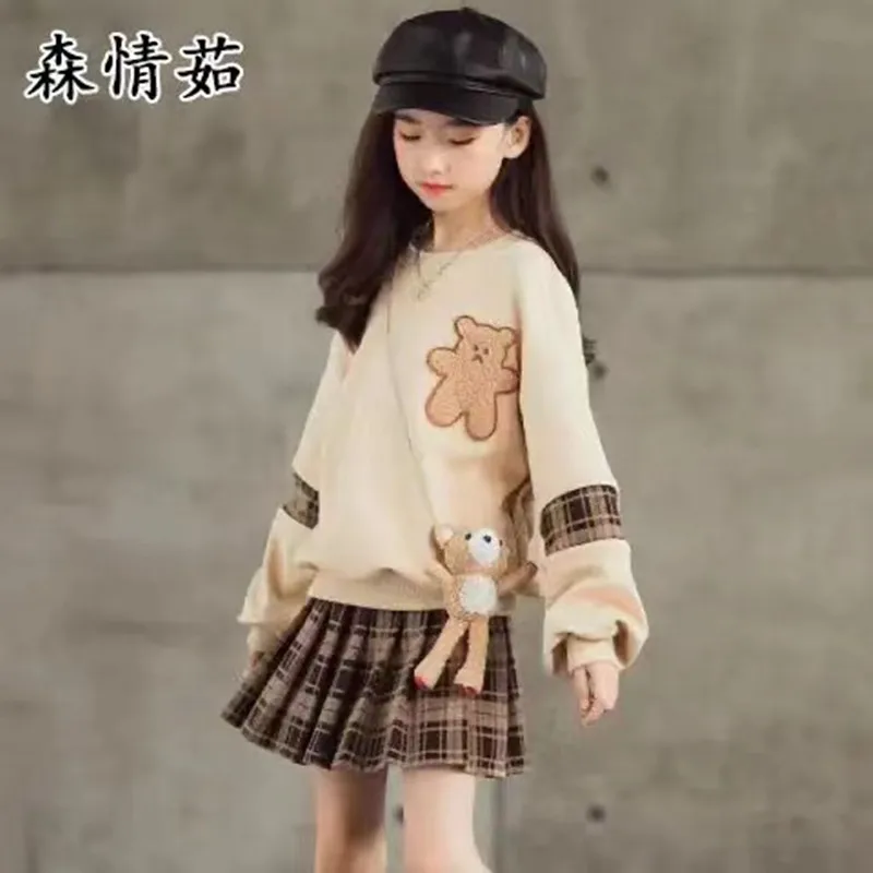 2024 Autumn Winter Girls Clothes Teenager Bear Hoodie T shirt + Plaid Spring JK Pleated Skirt Uniform 4 5 6 7 8 9 10 11 12 Year