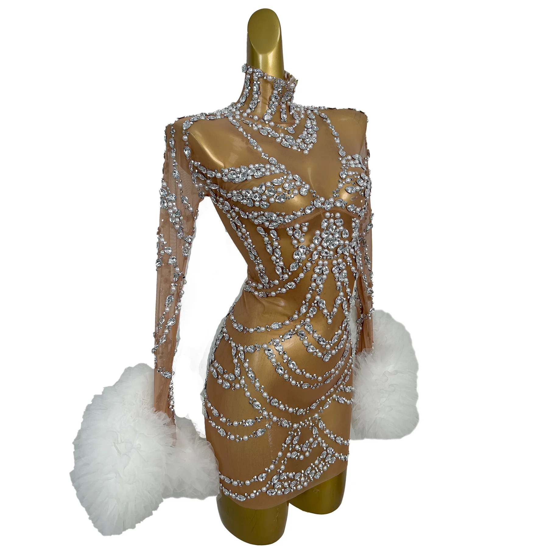 Elegancka sukienka Maozhua dla kobiet, biała, z siateczki, z puszystymi rękawami, błyszcząca, z dżetami i perłami, przezroczysta spódnica z siateczki, sukienka do tańca w stylu gwiazd.