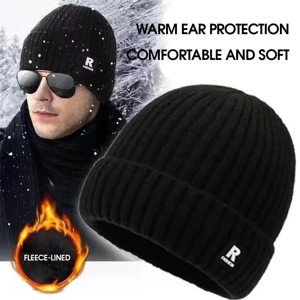 Thickened Woolen Knitted Hat for Men Outdoor Skiing Cap Adult Large Head Size Ear Protection Warm Cold Proof Fashionable