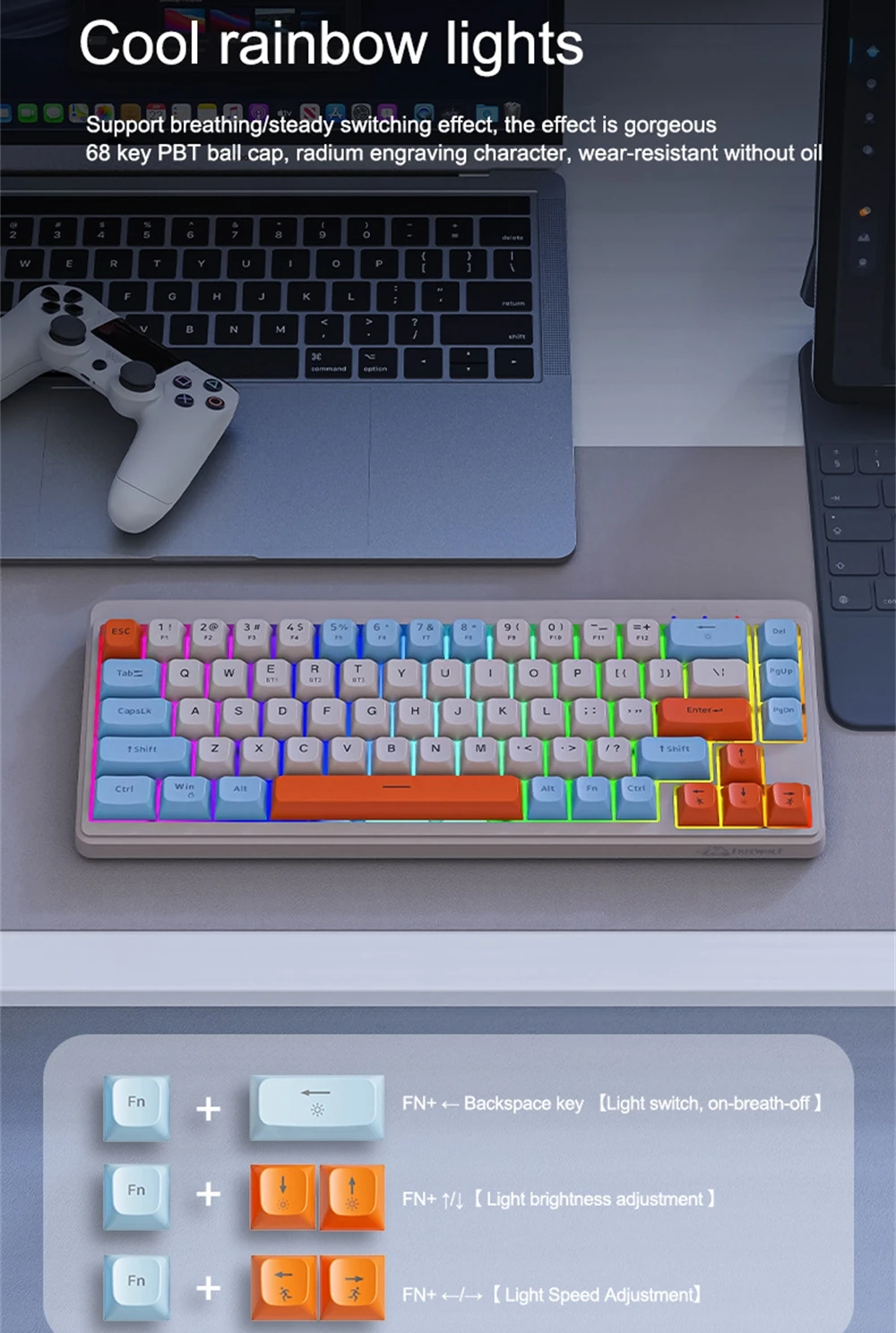 70% Layout Wireless Keyboard Russian Spanish Arabic Korean Keyboard 68 Kesy FreeWolf M68 Rainbow Lighting Bluetooth 2.4G Type C