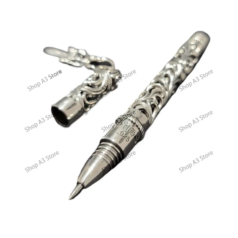 Vintage cross hollow engraved metal 925 silver signature pen ballpoint pen high-end business gender-neutral pen gift men