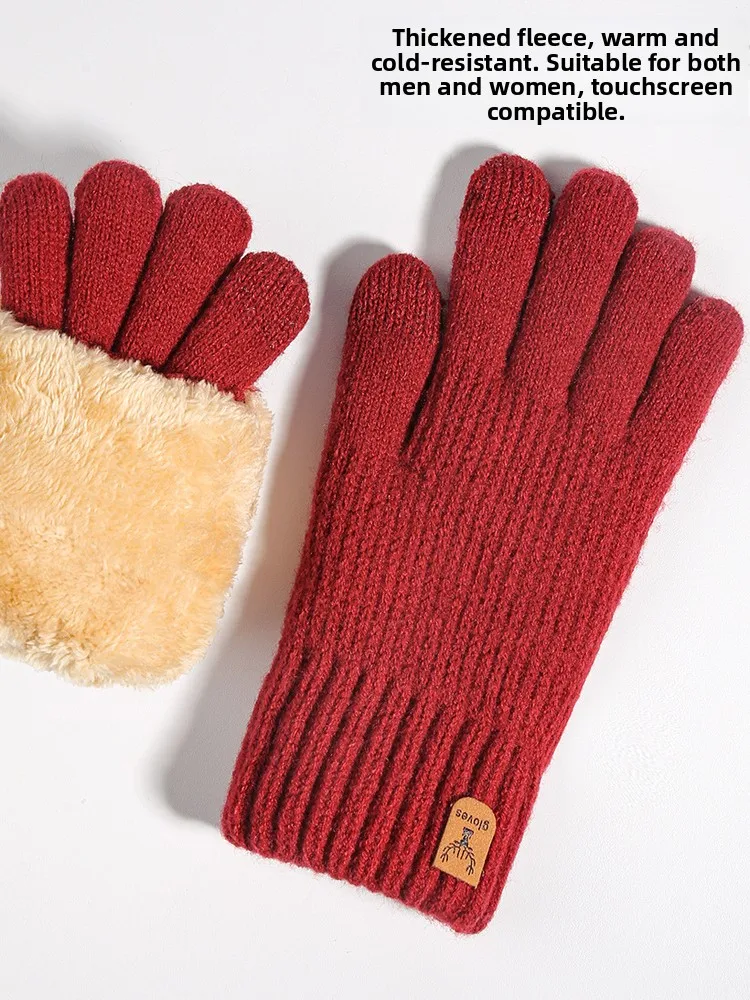 Winter Knitted Gloves Thickened Fleece Touchscreen Cycling Gloves Men Women Red Wool Cold Proof Cotton Warm Gloves Unisex