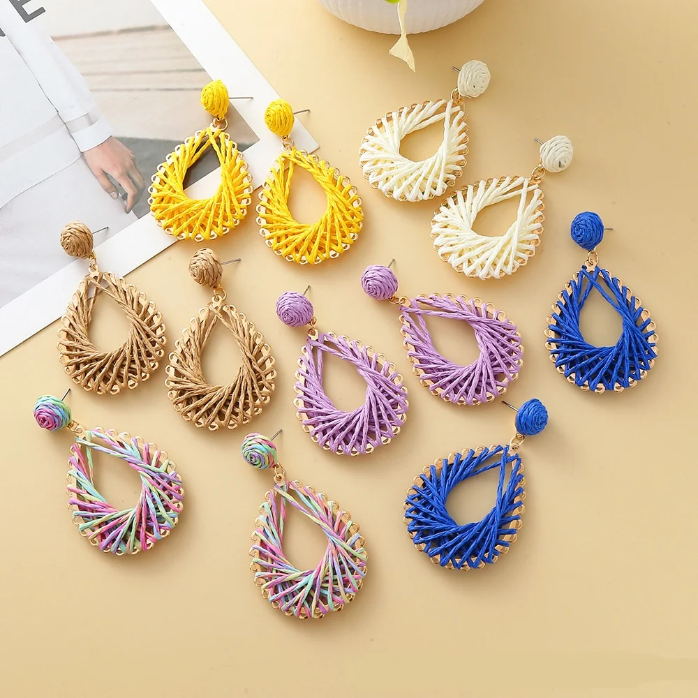Cross-border Bohemian Raffia Earrings for Women Holiday-inspired statement hand-woven rattan drop earrings Trendy