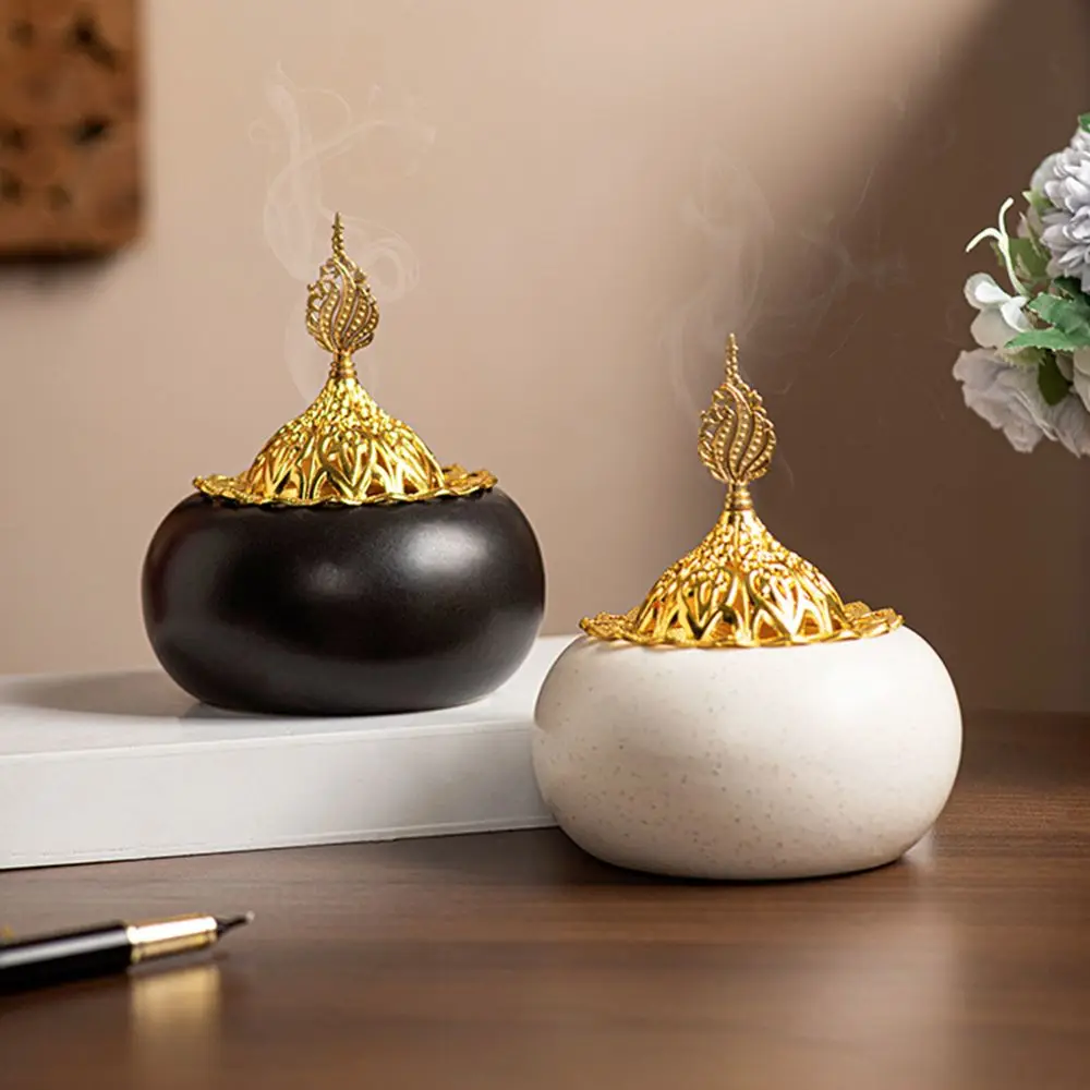 Portable Ceramic Incense Burner Golden Lid Arabian Dome Design Aromatherapy Censer Ornament Hollow Lid Bakhoor Holder Yoga Space